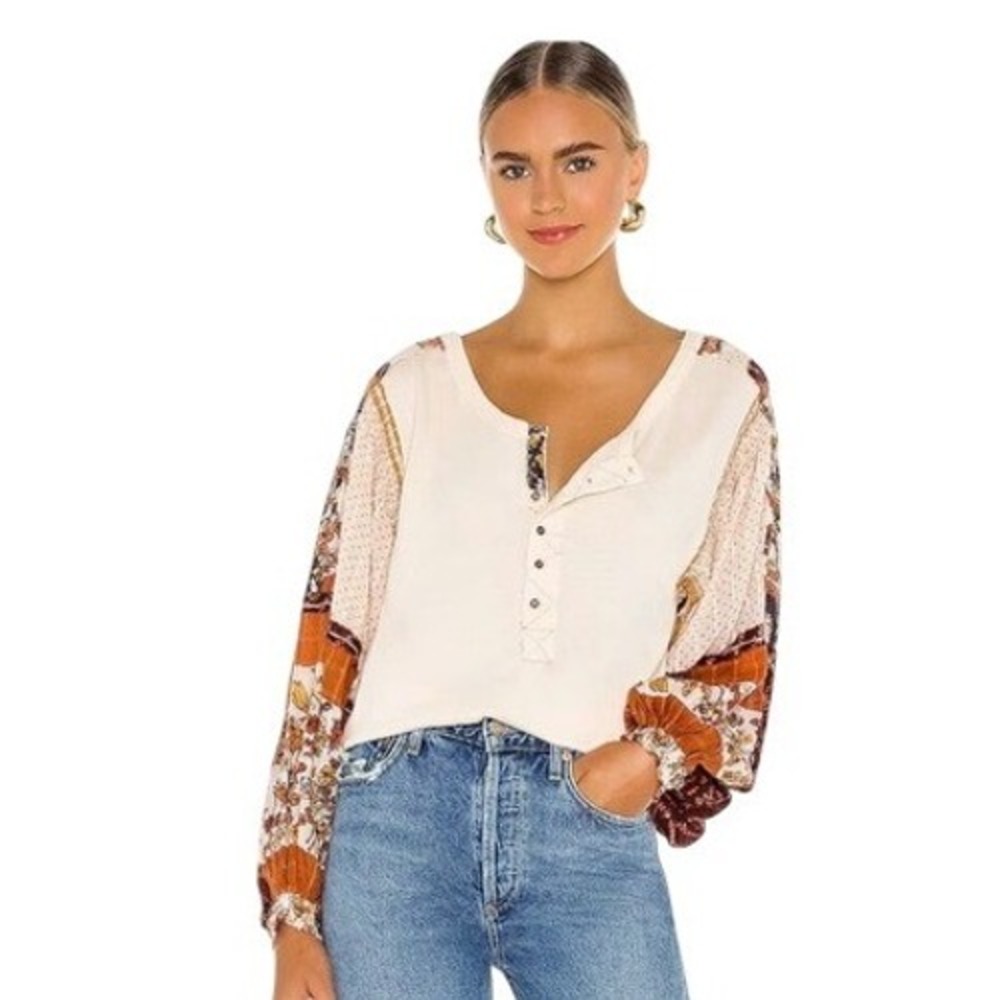 Free People Magic Patchwork Balloon Sleeve Henley Thermal Top Cream Multi Small